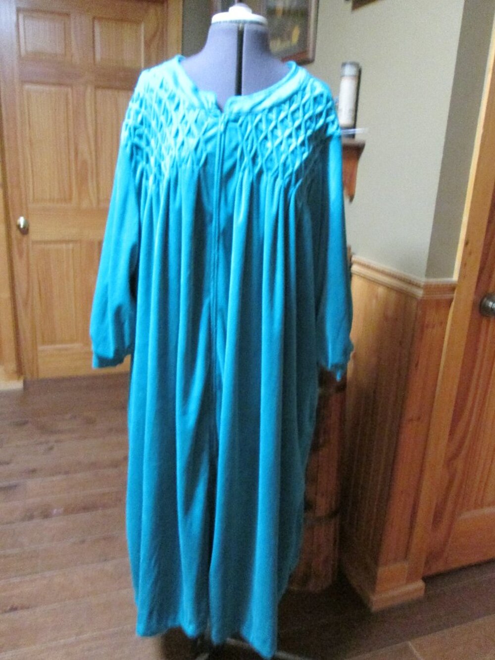 vtg Velour Only Necessities Robe Teal zip front smock top pockets 4 x